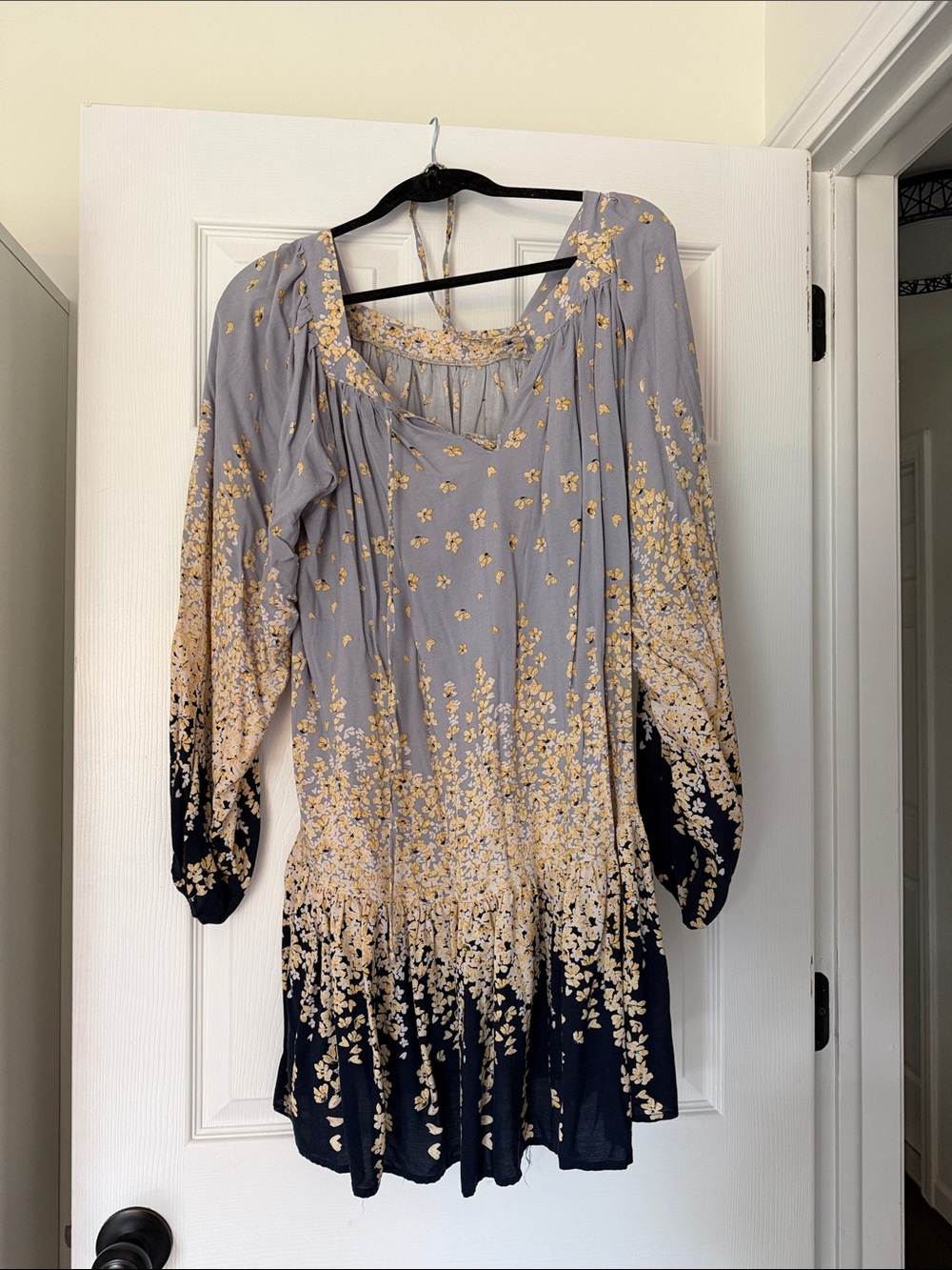 Light Blue Floral Peasant Blouse with Navy Hem